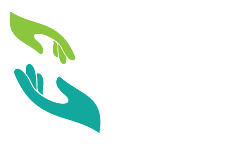 Hand under hand logo with white text and teal and green hands reaching towards each other.