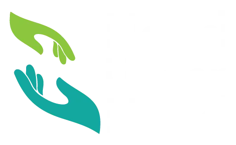 Hand under hand logo with white text and teal and green hands reaching towards each other.